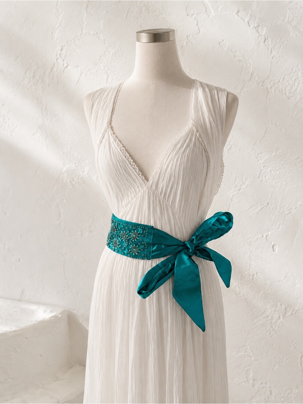 Vintage Teal Embellished Satin Tie Belt Fairycore Cottagecore S/M